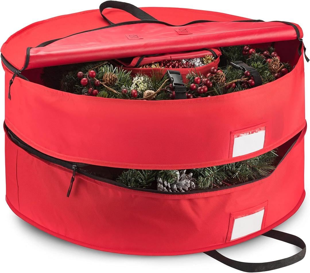 ZOBER Christmas Wreath Storage Container 36 Inch - Wreath Bag Fits 2 Wreaths Box - 600D Oxford Fabric - Interior Compartment for Storing Garlands, Wreaths Storage Bag W Strong Durable Handles - Red