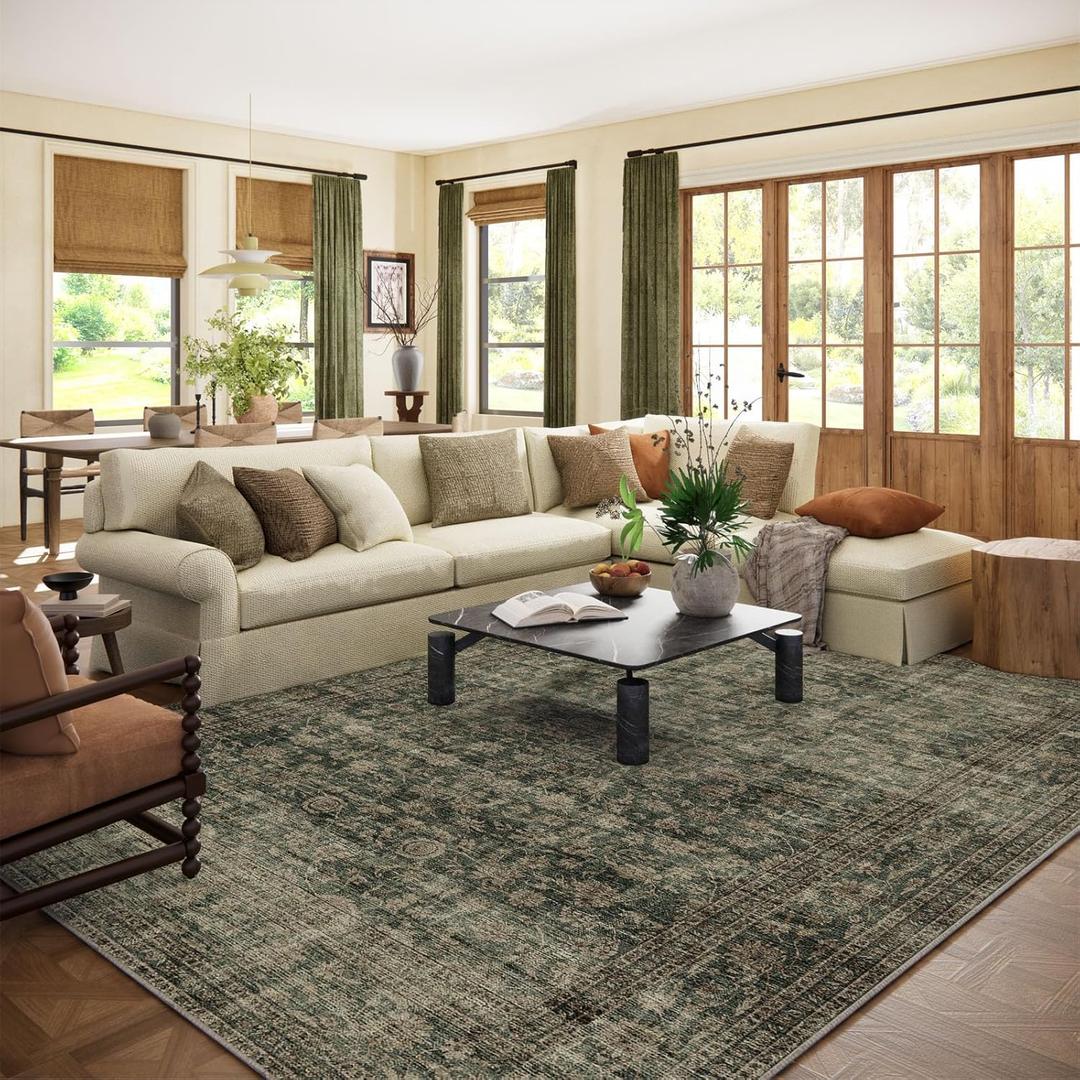 Washable Living Room Area Rug: 10x14 Rugs for Bedroom Vintage Stain Resistant Non Slip Low Pile Large Boho Carpet for Kitchen Dining Room Farmhouse Kids Room Nursery