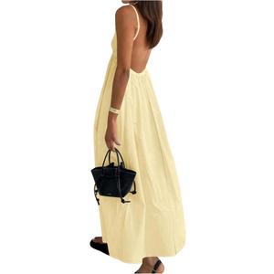SOLY HUX Women's Summer Dress Backless V Neck Spaghetti Strap Loose Flowy Midi Cami Dresses (Large, Pure Yellow)