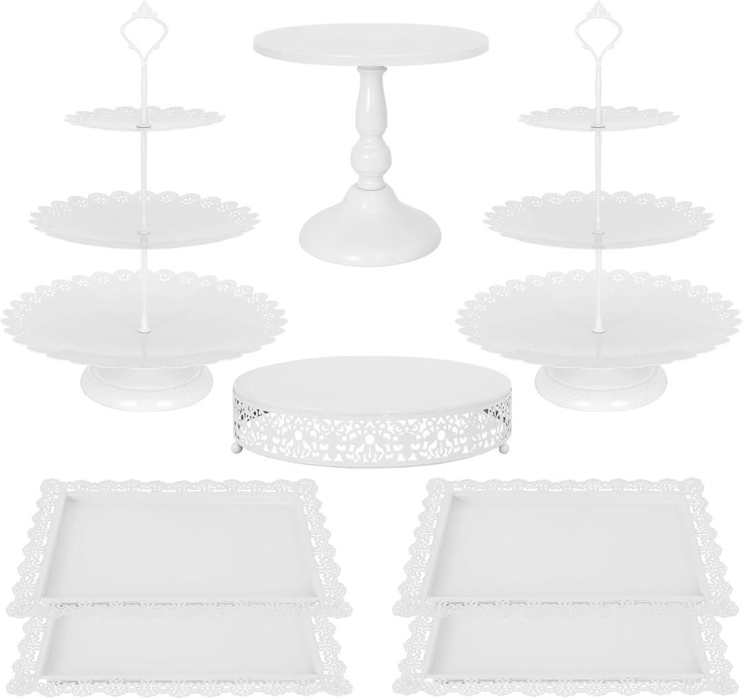 Fivenl 8 Pcs Cake Stand White Metal Dessert Table Display Set, 3-Tier Cupcake Stand, Cake Display Tower and Cookie Tray Rack Serving Tray for Birthday Party, Weddings, Baby Shower (White)