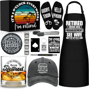15 Pcs 2026 Retirement Gifts for Men Whiskey Glass Set, The Legend Has Retired, Funny Retired Supplies with 11 Oz Whisky Glass Coaster Stones Apron Baseball Cap Socks for Dad, Coworker, Boss, Grandpa