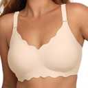 COMFELIE Seamless Wireless T-Shirt Bra for Women, Full Coverage No Underwire with Deep V Neck, U-Back & Lace Trim, M 