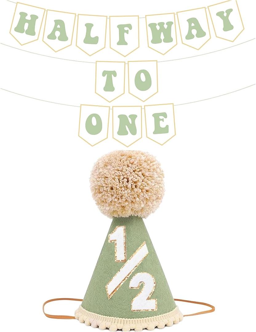 Half Way To One Decorations for Boy Girls, 1/2 Birthday Hat And Pre-strung Half Birthday Banner For Six Months Ha-lf Year BD Decorations