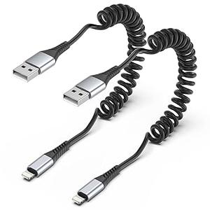 Coiled Lightning Cable, 2 Pack Retractable iPhone Charger Cord for Car, USB to Lightning Cable Fast Charging Compatible 
with iPhone 14 13 12 11 Pro Max Mini 10 8 Plus XR SE, AirPods