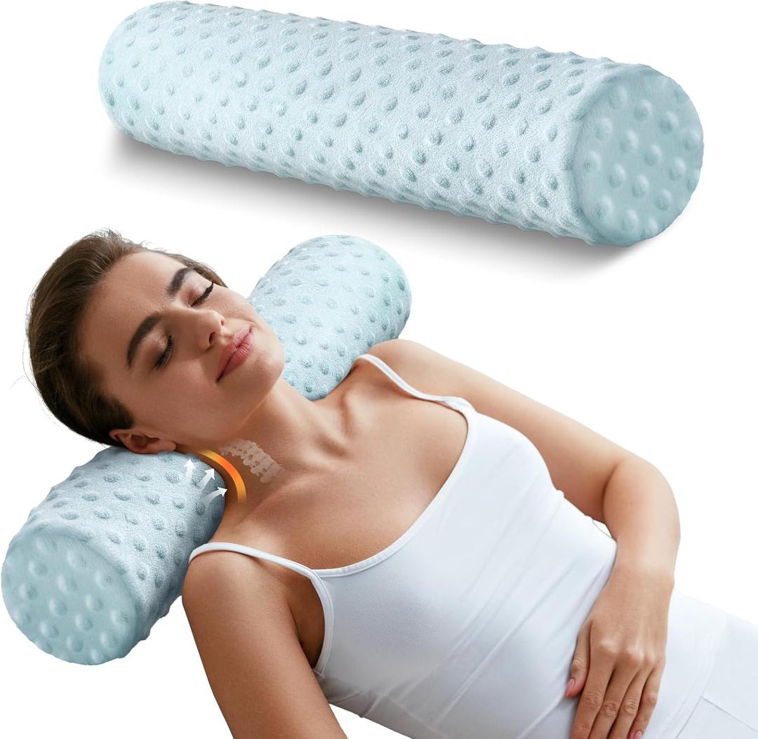 Memory Foam Round Pillow, Cervical Neck Pillow for Pain Relief, Cylinder Pillows 18"x 4", Removable Cover, Neck Roll Pillow for Sleeping, Velvet Dots, Blue