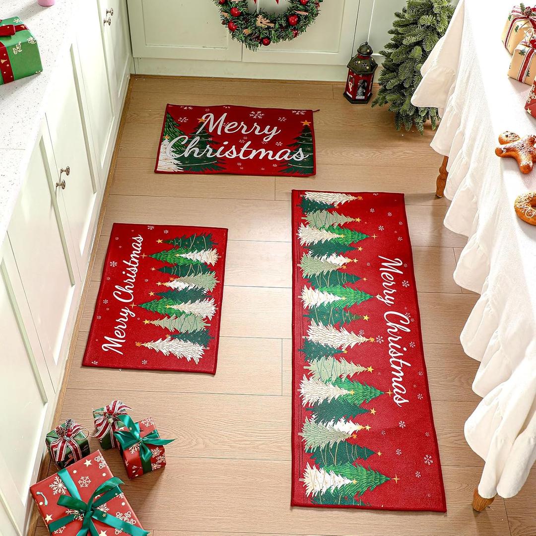 Tinideya 3 Pcs Christmas Tree Kitchen Rug Christmas Kitchen Mats Set Farm Fresh Washable Carpet for Winter Home Floor Decor, 16 x 24 Inch and 16 x 47 Inch