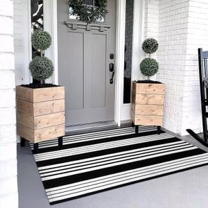 OJIA Black & White Outdoor Rug 3x5 Cotton Hand-Woven Striped Porch Rugs Machine Washable Entryway Rug Indoor Outdoor Area Rug Front Door Rug Floor Mat for Farmhouse/Living Room/Home Entrance