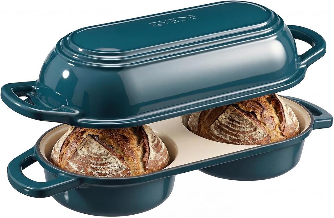 Enameled Cast Iron Bread Loaf Pan with Lid,Double Sourdough Baking Pan-Teal