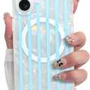 SOKAD Magnetic Stripes for iPhone 17 Case, Compatible with Magsafe, Cute Vertical Striped Design Glitter Opalescent Seashell for Women Girls, Stylish Matte Protective Phone Cover, Blue