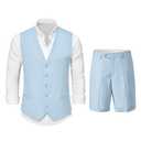 YND 2 Piece Men's Regular Fit Linen Waistcoat Shorts, Lightweight Vest Pants, Casual Wedding Beach Summer Prom Homecoming Outfit Sky Blue L