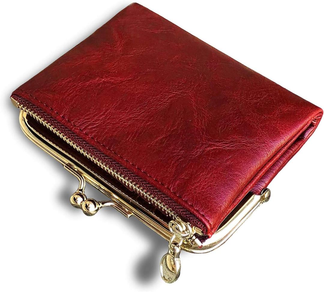 AOXONEL Womens Wallet Small Rfid Ladies Compact Bifold Leather Vintage Coin Purse With Zipper and Kiss Lock (Red)
