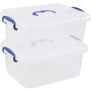 2 Packs 8 Quart Plastic Stackable Storage Boxes with Transparent Lid and Deep Blue Handle