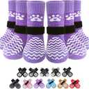 PUPTECK Non-Slip Dog Socks, Double Sides Grips Dog Boots & Paw Protectors for Hardwood Floors Prevents Licking Paws, Adjustable Dog Shoes for SeniorDogs (Small (6 Count), Purple)