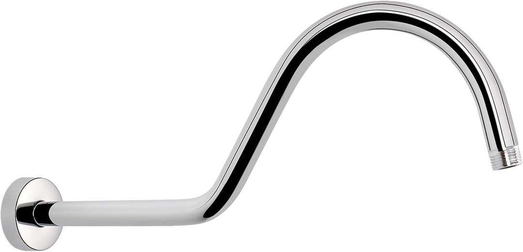 HarJue S Shaped Shower Arm, High Rise Shower Head Extension Pipe Standard 1/2" Connection with Flange, Awesome Shower Experience-Stainless Steel Bathroom Accessory(16 Inch J-S Shape, Chrome Finish)