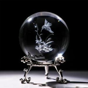 HDCRYSTALGIFTS 3D Hummingbird Crystal Ball Paperweight 60mm(2.3Inch) Laser Engraved Glass Sphere Display Globe Meditation Ball Home Decor with Metal Stand, Hummingbird