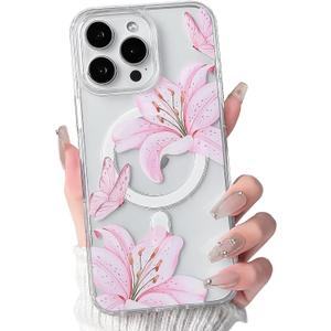 NITITOP Compatible with iPhone 16 Pro Case Clear Magnetic Compatible with MagSafe Cute Lily Flowers Floral for Women Girls Hard PC Back Shockproof Protective Phone Cover - Pink