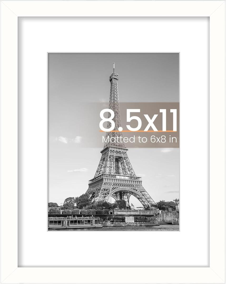 upsimples 8.5 By 11 Picture Frame, Display Pictures 6x8 with Mat or 8.5 x 11 Without, Wall Hanging Photo Frames, White, 1 Pack