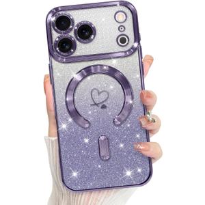 Bonoma Compatible with iPhone 17 Pro Max Case 2025 Support for MagSafe, Plating Heart Glitter Magnetic Case TPU Camera Protection Back Cover for Phone Case -Purple