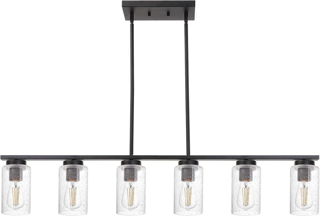TODOLUZ 6-Lights Kitchen Island Pendant Light Fixture in Black Finish, Linear Hanging Ceiling Lighting Dining Room Chandelier with Seeded Glass Shade