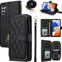 Argyle Wallet Case for Samsung Galaxy A35 5G with Wrist Strap Shoulder Strap, 9+ Card Slots Zipper Purse Luxury PU Leather Stand Checkered Phone Cover for A 35 35A A355G Women Girls Black