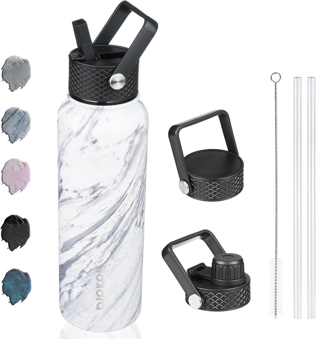 BJPKPK Insulated Water Bottles with Straw Lid, 40oz Stainless Steel Water Bottles with 3 Lids, BPA Free Leakproof Thermos, Tumblers, Cups for Sports, Gym- Marble Frozen