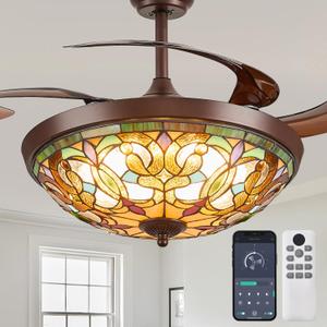 Ceiling Fans with Lights - 48" Retractable Ceiling Fan with Remote, App Control, 6 Speeds Reversible, LED Dimmable, Quiet Fandelier for Bedroom, Living Room (Art Nouveau, Brown)