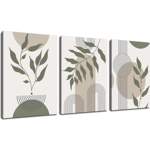 Boho Canvas Wall Art for Bathroom Green Bohemian Wall Decor for Bedroom Living Room Modern Home Office Decor Ready to Hang 12 x 17.5 Inch 3 Panels