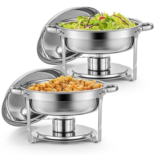 WILPREP 2pcs 5QT Round Chafing Dish Buffet Set, Chafing Dishes for Buffet with with Food & Water Pans Lids Fuel Holders, Food Grade Stainless Steel Food Warmers for Parties Buffets Banquets