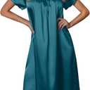 Ekouaer Women's Satin Silk Pleated Nightgown Loose Sleepwear Printed Nightshirt Short Sleeve Sleep Dress (Blue Green), M