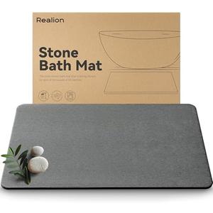 Realion Stone Bath Mat, Dries Quickly, Non-Slip Diatomaceous Earth Bath Mats for Bathroom, Super Absorbent Stone Shower Mat, Easy to Clean, 23.5" x 15.5" Dark Gray