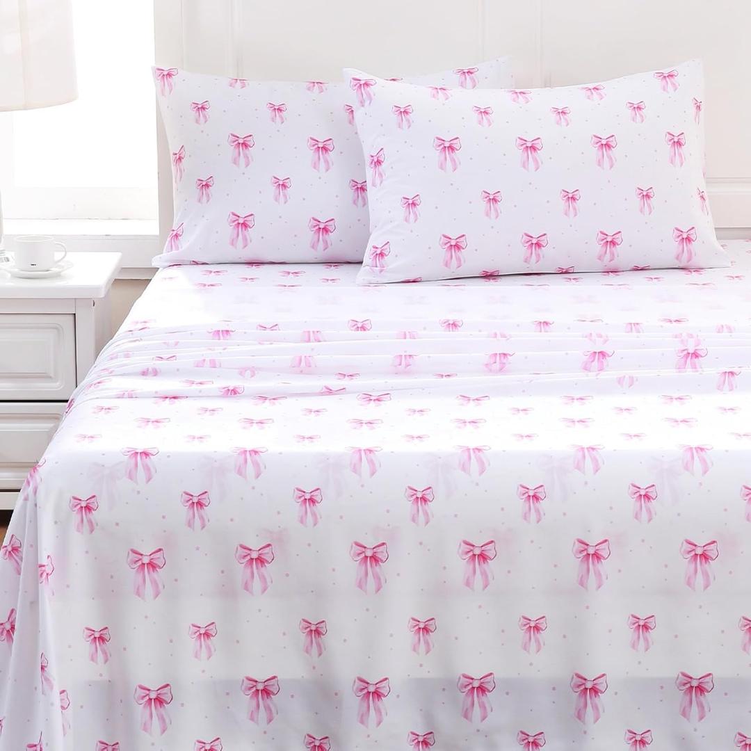 MICORAL Kids Full Sheet Set Pink Bow, 4 Pieces Sheets for Boys & Girls, Soft Printed Microfiber Bed Sheets, Deep Pocket Cozy Toddler Bedding Set, Pink Bow