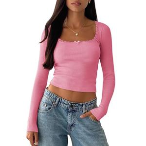 BZB Womens Long Sleeve Crop Tops Fall Y2K Lace Square Neck Slim Fitted Basic Ribbed Tee Blouse Shirts Pink, M