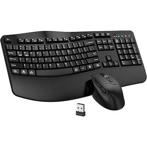 Wireless Keyboard and Mouse Combo, EDJO 2.4G Full Size Wave Keys Ergonomic Keyboard with Wrist Rest and 3Level DPI Adjustable Wireless Ergonomic Mouse for Windows, Mac OS Desktop/Laptop/PC(Black)