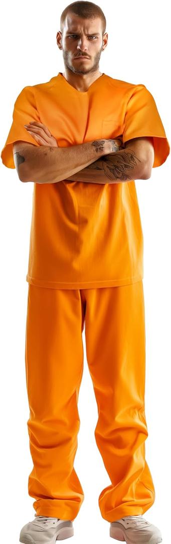 VZQI Prisoner Costume Men Inmate Costume Short Sleeve Tops and Pant Set Jail Costume Halloween Orange Prison Jumpsuit (Large)