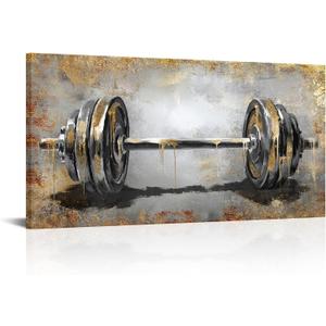 Nachic Wall Barbell Canvas Wall Art, Black and Gold Gym Weightlifting Print, Modern Fitness Wall Decor for Home Gym Man Cave 20"x40"