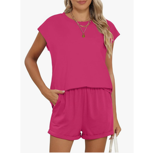 RUBZOOF 2 Piece Outfits for Women Lightweight Matching Lounge Sets Cap Sleeve Top and Elastic Waisted Shorts Meduim