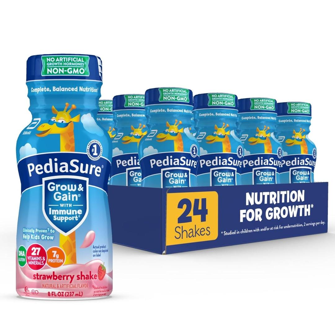 PediaSure Grow & Gain with Immune Support, 27 Vitamins & Minerals for Kids, 7g Protein, Non-GMO, Gluten-Free, Strawberry, 8-fl-oz Bottle, Pack of 24 (EXP 01/01/27)