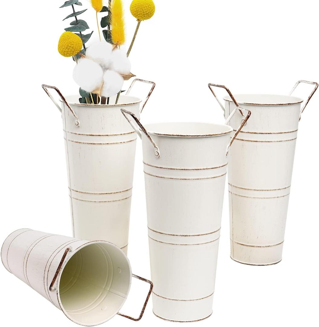 Notakia 4Pcs Galvanized Metal Vases Farmhouse French Flower Bucket Vases for Cut Flowers for Home Decor and Wedding Table Centerpiece Decorations (Beige Set of 4) (9.05in Small)