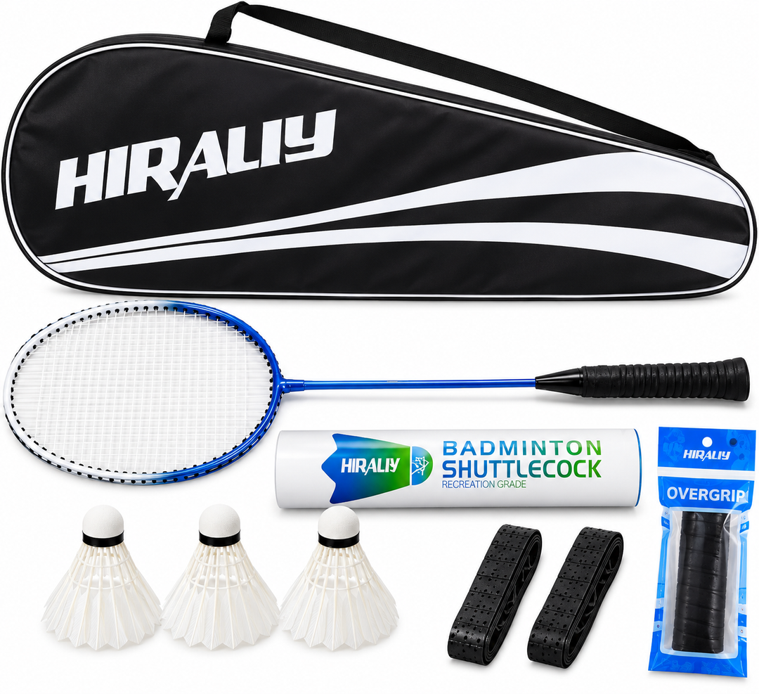 HIRALIY 1 Pack Badminton Rackets for Outdoor Games, including 1 Rackets,  Nylon Shuttlecocks, 4 x Spare Non-Slip Strips and 1 x Carry Bag