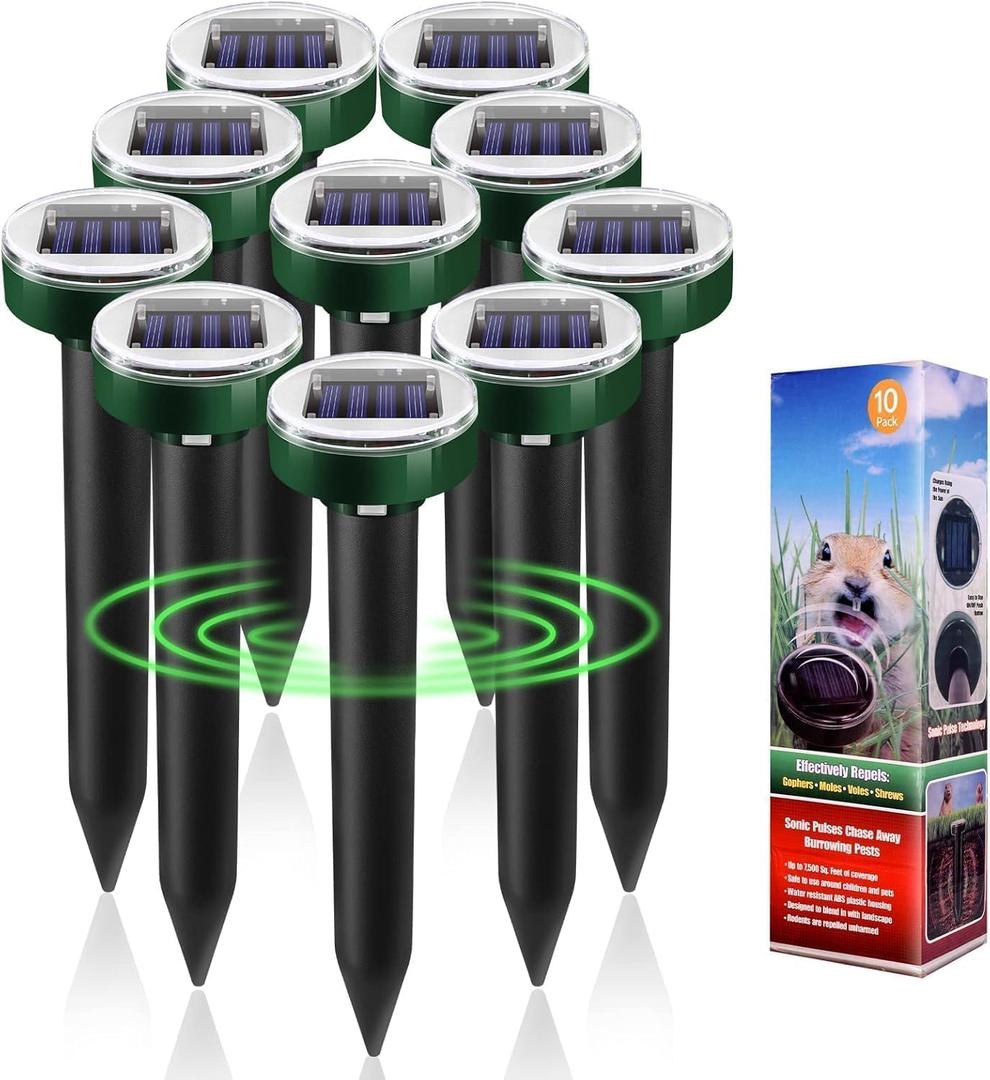 10 Pack Ultrasonic Mole Repellent,Solar Powered Gopher Mole Repellent Stakes for Chipmunks,Snake,Gophers,Voles,Waterproof Sonic Moles Deterrent for Home Garden,Yard