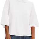 BTFBM Womens Short Sleeve Tops 2025 Summer Casual Crew Neck Oversized Sweater Solid Color Ribbed Knit T Shirts (White, S)