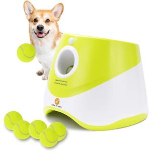 Automatic Dog Ball Launcher, Indoor/Outdoor Interactive Dog Toy with Three Ranges, Includes 6 Mini Tennis Balls and a Data Line, Suitable for Small and Medium-Sized Dogs, Green
