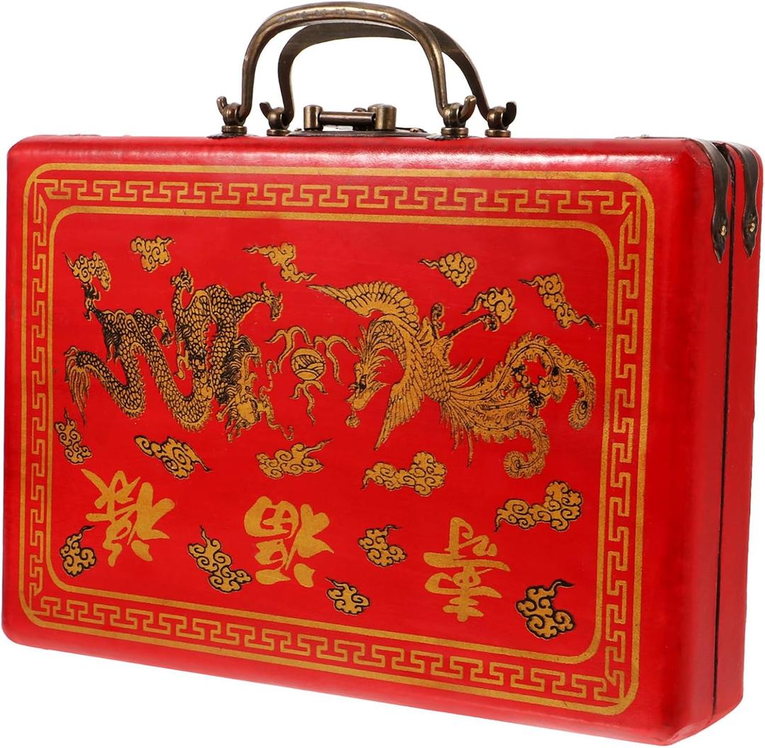 Wooden Chinese Mahjong Storage Case Traditional Treasure Box Mahjong TilesVintage Container 1Pc