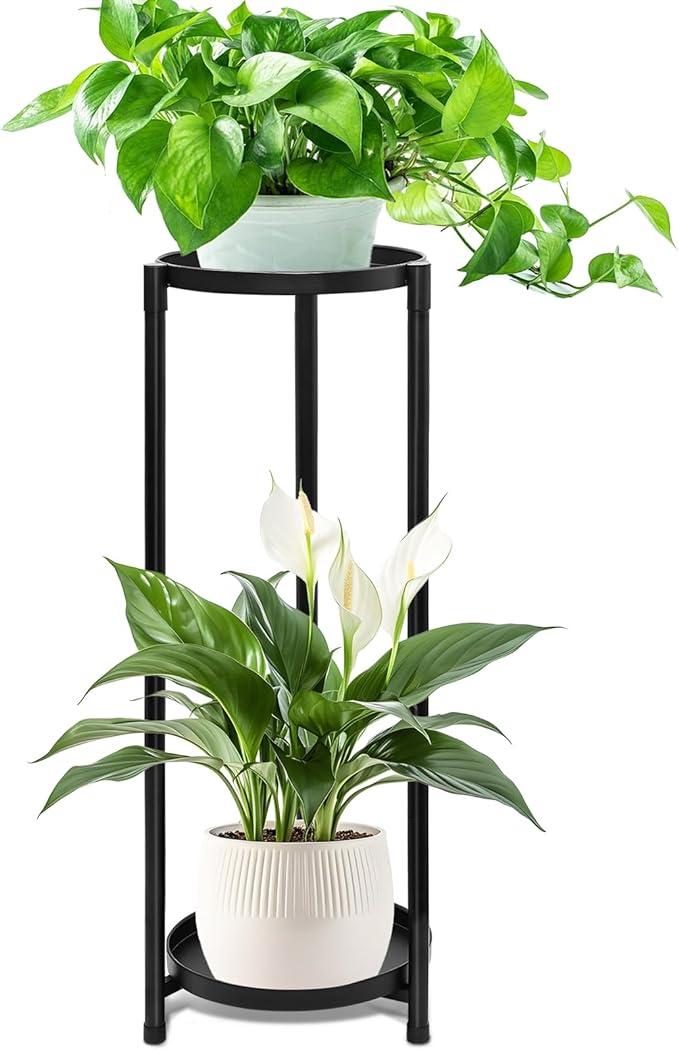 2 Tier Plant Stand Indoor Tall, Black Corner Tiered Round Plant Stand for Indoor Multiple Plants, Metal Flower Pot Stands Outdoor Holders Plant Shelf Display Rack for Balcony Living Room