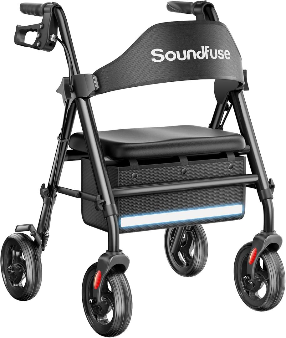 Soundfuse Rollator Walkers with Seat for Seniors, Foldable 8" Big Wheels All Terrain Rolling Walker, Handles and Ergonomic Seat Height Adjustable, 350 lb (Black)