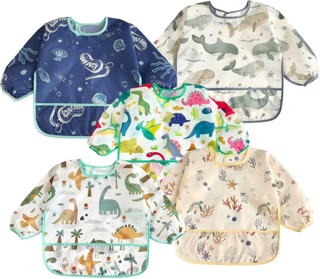 PandaEar 5 Pack Baby Long Sleeve Bibs| Waterproof Full Sleeve Bib for Baby Infant Toddler 6-36 Months