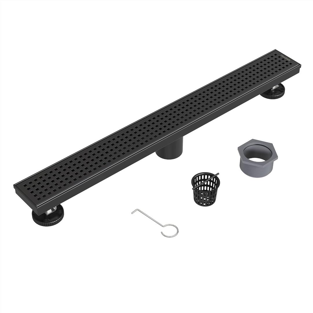 Neodrain 24-Inch Black Linear Shower Drain with Removable Quadrato Pattern Grate, 304 Stainless Steel Rectangle Shower Floor Drain, Linear Drain with Leveling Feet, Hair Strainer, Matte Black