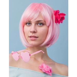 MIUSKATL Wig and Sunglasses 12 Inch Short Bob Wigs with Bangs for Women Costume Cosplay Party (Light Pink)