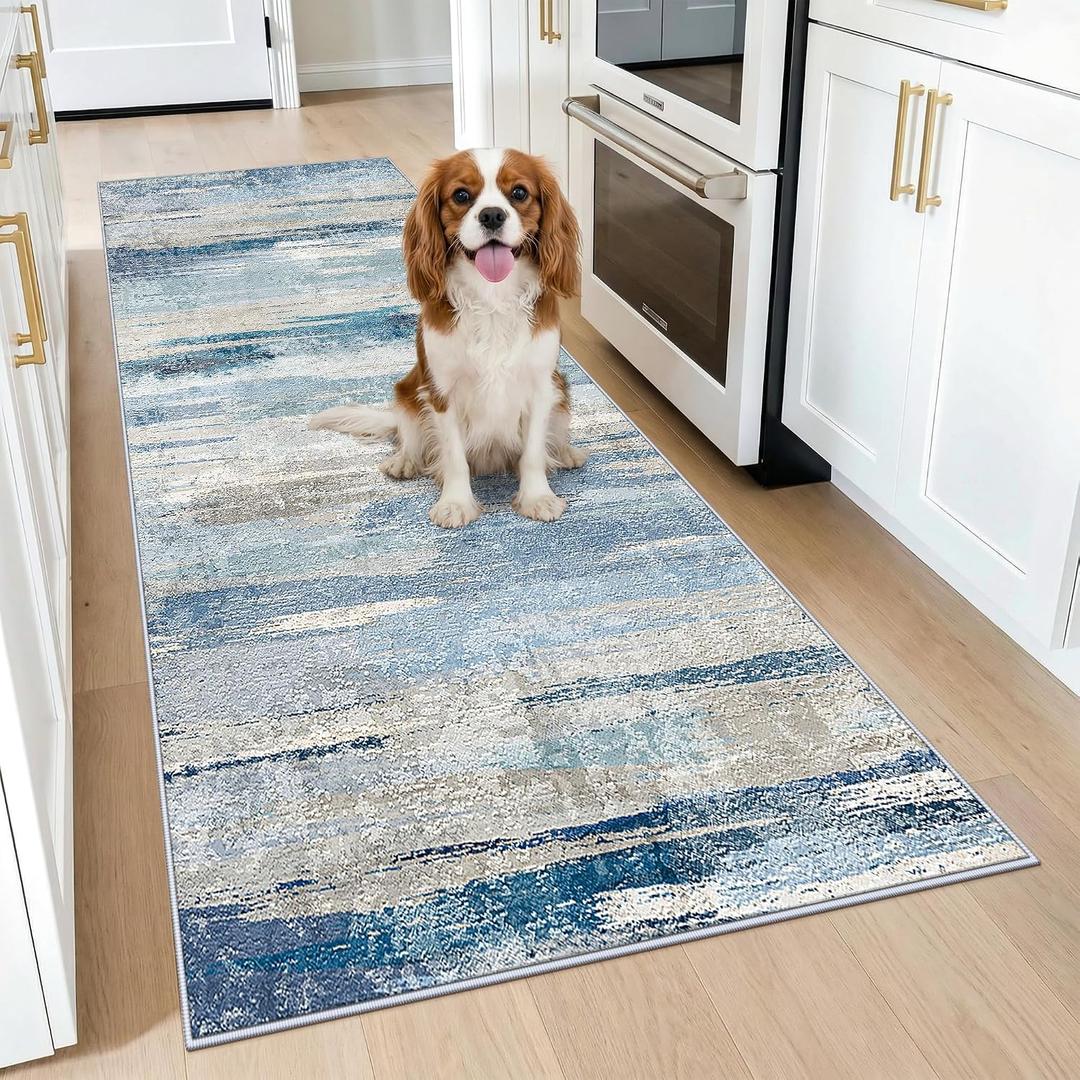 Abstract Kitchen Runner Rug 3x7 - Indoor Washable Non Slip Carpet for Entryway Hallway Stain Resistant Rugs for Bedroom Modern Abstract Lightweight Home Decor Floor Mat for Pet Owners 3x7 Blue