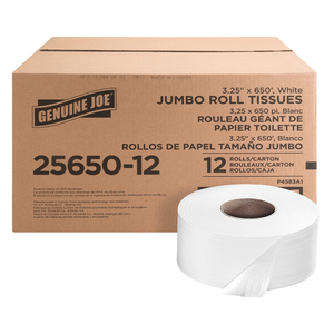 Genuine Joe Jumbo Roll Bath Tissue - 2-Ply White Toilet Paper, 3.3" x 650' per Roll, 12 Count Bulk Pack, Recycled Fiber, Commercial Grade for Dispensers